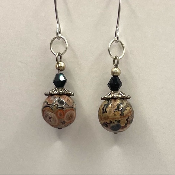 leopard jasper natural stones dangle earrings Swarovski Crystals & silver plated - Picture 1 of 3